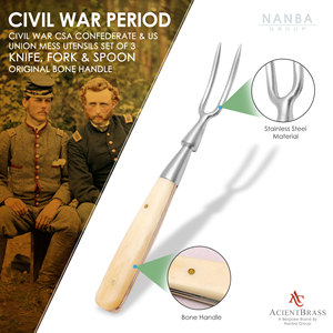 Ensemble de couverts 3 pièces en acier inoxydable avec manche en os, style antique inspiré de la guerre civile - Couteau, fourchette, cuillère - Cadeau de camping - Product Image 4