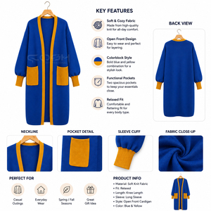 Cosh International Sorority Acrylic Cardigan Azul con Bolsillos en Contraste Amarillo, Manga Globo, Cuello Redondo, Ropa Casual - Product Image 6