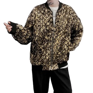 DJ Singer Stage Performance Chaqueta de lentejuelas de cuero genuino Lona Hombres Moda Bling Brillante Loose Fit Cremallera Frontal Manga larga - Product Image 1