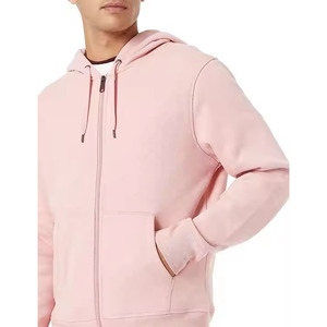 Sudadera con capucha de poliéster polar rosa claro con cremallera completa y cordón ajustable para hombre, color liso, informal, venta al por mayor - Product Image 4