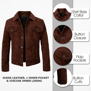 Brown <b>Suede</b> <b>Leather</b> <b>Jacket</b> Casual Turn-down Collar Single Breasted Regular Fit Autumn Outerwear - Product Image 4