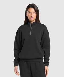 Chándal con Capucha para Mujer, Color Negro, Manga Larga, Cierre de Cremallera de un Cuarto, Ropa Casual de Otoño, Corte Regular, con Bolsillos Laterales - Product Image 1