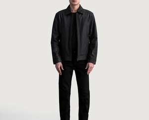 Veste en cuir noire pour homme, col rabattu, fermeture éclair, manches régulières, couleur unie, style décontracté d'automne - Product Image 2
