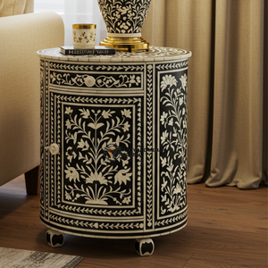 Luxury Modern Black Chevron Bone Inlay <b>Side</b> <b>Table</b> Handcrafted Round Wooden <b>Drum</b> Accent <b>Table</b> Bedroom Furniture - Product Image 2