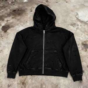 Sweat à capuche zippé pour homme, style streetwear, personnalisé, vintage, effet usé avec trous, coupe oversize, effet ciré, grammage lourd 400-500 g/m², coupe carrée et courte - Product Image 1