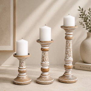 Juego de 3 Portavelas de Madera de Mango Tallada a Mano, Acabado Blanqueado, Soportes Decorativos para Velas de Estilo Boho - Product Image 1