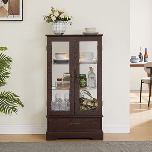 <b>Lighted</b> 2-Door Glass Curio Cabinet with 1 Drawer Adjustable Glass Shelves & Bulb Included Display & China Cabinet - Product Image 1