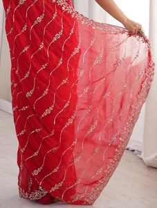 KV Satin <b>Red</b> Embellished Designer <b>Saree</b> With Unstitched Blouse - Product Image 3