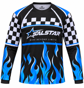 SALSTAR Men's Long Sleeve Motocross Jersey Black Blue <b>Flame</b> Checkered Print Quick Dry Racing <b>Shirt</b> Adult Full Sleeve - Product Image 1