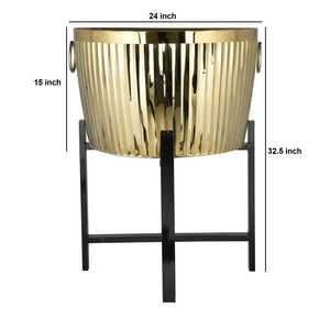 Grand pot de fleurs en acier inoxydable chromé or, robuste, à nervures, avec support noir, moderne, pour plantes d'intérieur et d'extérieur - Product Image 1