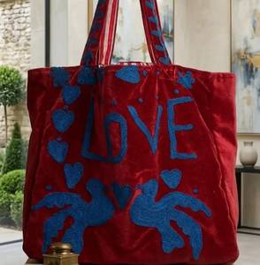 Bolso Tote de Terciopelo Bordado Suzani Hecho a Mano al por Mayor, Bolso de Hombro Casual con Estampado de Pájaros del Amor de Lujo, Bolsos de Compras Ecológicos - Product Image 2
