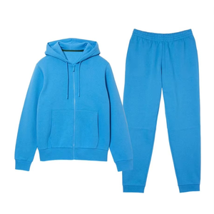 Unisex Blue Spandex/Polyester Tracksuit <b>Hoodie</b> Breathable Plus Size Stand Collar Casual Solid Color Full Length Autumn Wear - Product Image 1