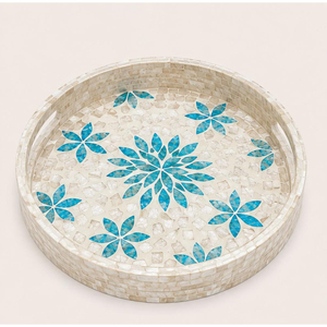 Bandeja Redonda Decorativa Hecha a Mano con Incrustaciones de Madreperla, Mosaico de Conchas con Diseño Floral Turquesa, con Asas, para Hotel - Product Image 1