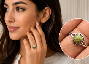 Natural Green <b>Copper</b> Turquoise Gemstone Ring Round Stone 925 Sterling Silver Plated Brass Unisex Trendy Daily Wear - Product Image 2