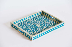 Handmade Bone Inlay Floral <b>Tray</b> Sky Blue Resin Wood Storage <b>Tray</b> Rectangular Home Decoration Gifting Kitchen Use Metal Material - Product Image 2