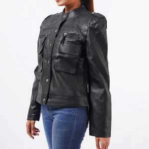 Veste moto en cuir véritable pour femme, manches longues, fermeture éclair, col montant, couleur unie, style automne - Product Image 4