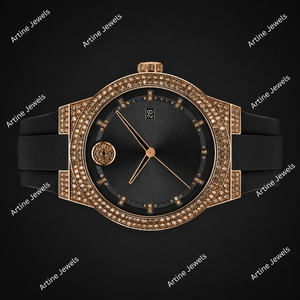 Rose Gold Diamond <b>Watch</b> <b>Black</b> Rubber Strap Luxury Quartz Wristwatch Iced Out Designer Style Premium Timepiece Collection - Product Image 3