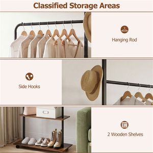 Appendiabiti Industriale Autoportante con 2 Ripiani in Legno e Ganci, Carrello Portabiti con Ruote per Camera da Letto e Ingresso - Product Image 6