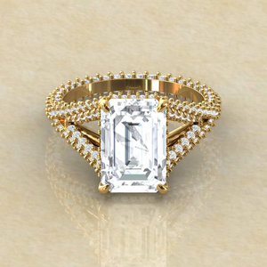 Anillo de Compromiso con Diamante Cultivado en Laboratorio, Corte Esmeralda, Doble Halo, Pavé, Oro Amarillo de 18k, Bañado en Rodio - Product Image 1