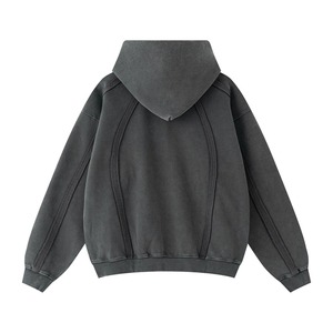 Sudadera con capucha para hombre SHY SPORTS con logo personalizado, color gris carbón, forro polar grueso, lavado vintage, hombros caídos, costuras curvas, cremallera completa. - Product Image 2
