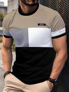 T-shirt décontracté pour homme ONETEN, col rond, manches courtes, tricoté, avec logo frontal, blocs de couleur, bordure contrastante, 100 % coton, légèrement extensible - Product Image 2