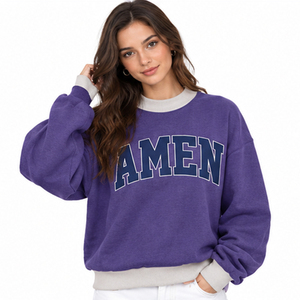 Women's Oversized Red <b>Crew</b> <b>Neck</b> <b>Sweatshirt</b> With Amen Letter Print Regular Sleeve Knitted Cotton Autumn Wear - Product Image 4