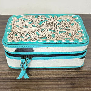 2026 Premium Turquoise Floral Design <b>Tooled</b> Leather Women Jewelry <b>Cases</b> Real Cowhide Fur Leather Gifts & Jewelry Organizer Box - Product Image 4