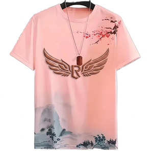 Camiseta de manga corta con cuello redondo para hombre, con estampado de flores de cerezo y paisaje pintado a mano, corte regular, estilo casual, 100% algodón - Product Image 2