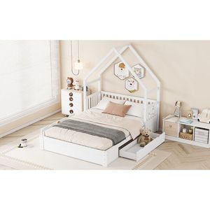 Letto a piattaforma in legno bianco queen size con sponda di sicurezza e 2 cassetti per la cameretta dei bambini - Product Image 5