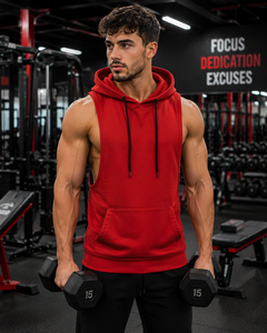 Sweat-shirt à capuche sans manches pour homme, rouge, en coton French Terry, avec poche, décontracté, pour la gym, coupe classique, style automne - Product Image 1