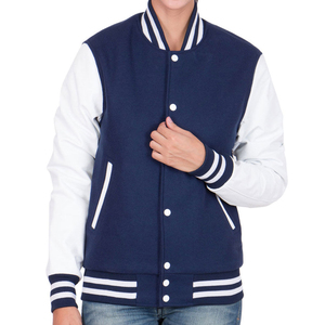 Veste universitaire unisexe bleu marine et blanc, coupe classique, blocs de couleur, col rabattable, fermeture boutonnée, style décontracté automne - Product Image 1