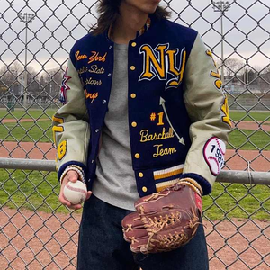 Custom Chenille Embroidery Patch Men's Oversized Bomber Jacket Canvas <b>Stand</b> Collar Front Logo - Product Image 2