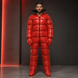 Men's Hooded Zipper Glossy Puffer <b>Snowsuit</b> One Piece Insulated Winter Jumpsuit Quilted <b>Waterproof</b> 10000mm PP Cotton Filled Nylon - Product Image 1