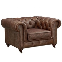 Canapé Chesterfield Tan en cuir véritable tufté de style américain vintage pour le salon