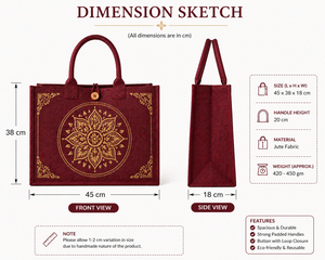 Sac fourre-tout en jute laminé rouge, motif floral, impression dorée, fermeture à bouton, doubles poignées, écologique, réutilisable, sac de mariage, sac de courses - Product Image 3