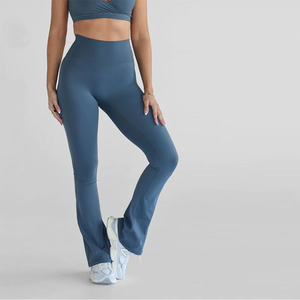 Mid Waisted <b>Flared</b> Leg Yoga <b>Leggings</b> Solid Color Seamless Stretch Knit Full Length Casual Windproof Belt Sport Wear - Product Image 2