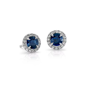 Pendientes de oro de 14 quilates con zafiro azul y diamantes redondos (naturales) con diseño de halo que realza el brillo, lo que los hace perfectos para fiestas. - Product Image 2