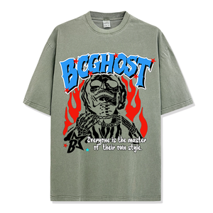 BOGHOST T-shirt noir surdimensionné pour hommes avec motif de crâne, streetwear, manches courtes, jersey de coton imprimé, col rond - Product Image 6