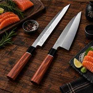 Cuchillo de cocina para sushi y sashimi japonés, para salmón, con mango de cuerno de búfalo negro y madera de hierro del desierto - Product Image 4