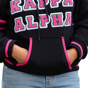 Sweat à capuche noir pour femme, broderie chenille lettres grecques, bordure rose, polaire premium, pull décontracté pour l'hiver - Product Image 5