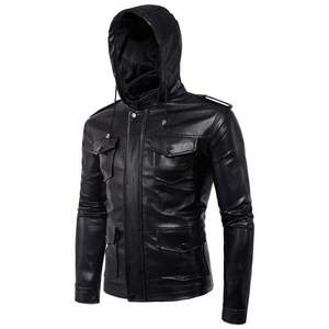 Men's PU Leather Moto Jacket Stand Collar Solid Color Slim Fit Regular Length Autumn Wear - Product Image 4
