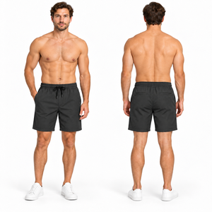 Pantalones Cortos Bermuda Negros para Hombre, Cintura Media, Cierre con Cordón, Estilo Deportivo, con Bolsillos Delanteros y Traseros, Tela Microelástica - Product Image 1