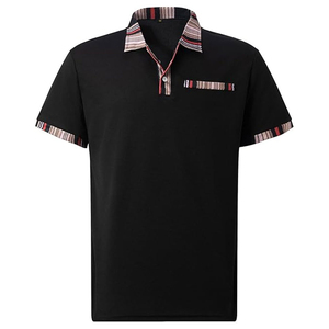 Polo à manches courtes noir pour homme avec col et poignets rayés, tricoté, respirant, style décontracté - Product Image 1