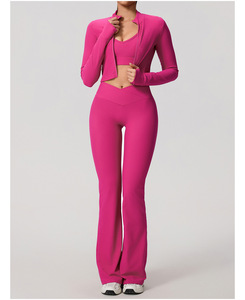 Ensemble de yoga 3 pièces personnalisé pour femme automne-hiver : veste zippée, soutien-gorge de sport et pantalon évasé à taille croisée en V – Tenue de sport et fitness - Product Image 5