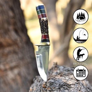 Cuchillo de desollar de hoja fija de acero 12c27 personalizado con mango de asta de ciervo, ODM OEM, espiga completa, para bushcraft, camping y uso general, con funda de cuero - Product Image 3