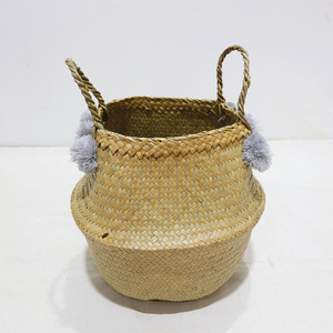 New Design Durable Circle Palm Leaf Belly <b>Basket</b> Grey Pom Pom Woven Storage Bin <b>Foldable</b> Pot with Handle - Product Image 3