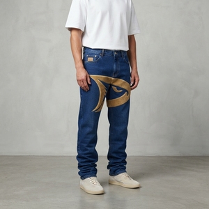Jean en denim brodé coupe droite taille haute coupe régulière délavé en coton style streetwear pour homme printemps - Product Image 4