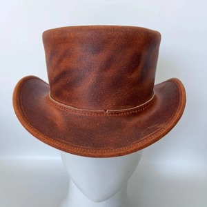 Brown Leather Top Hat High Crown Vintage Distressed <b>Fedora</b> Hat for <b>Men</b> Classic Formal Party Costume - Product Image 1