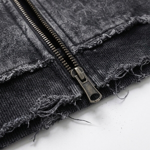 Wholesale Vintage Washed <b>Black</b> Distressed <b>Zip</b> <b>Up</b> <b>Hoodie</b> Oversized Streetwear Hooded Sweatshirt - Product Image 4