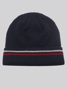 Bonnet en tricot bleu marine unisexe avec rayures rouges et blanches, bonnet d'hiver décontracté pour adultes 56-58 cm, en acrylique - Product Image 3